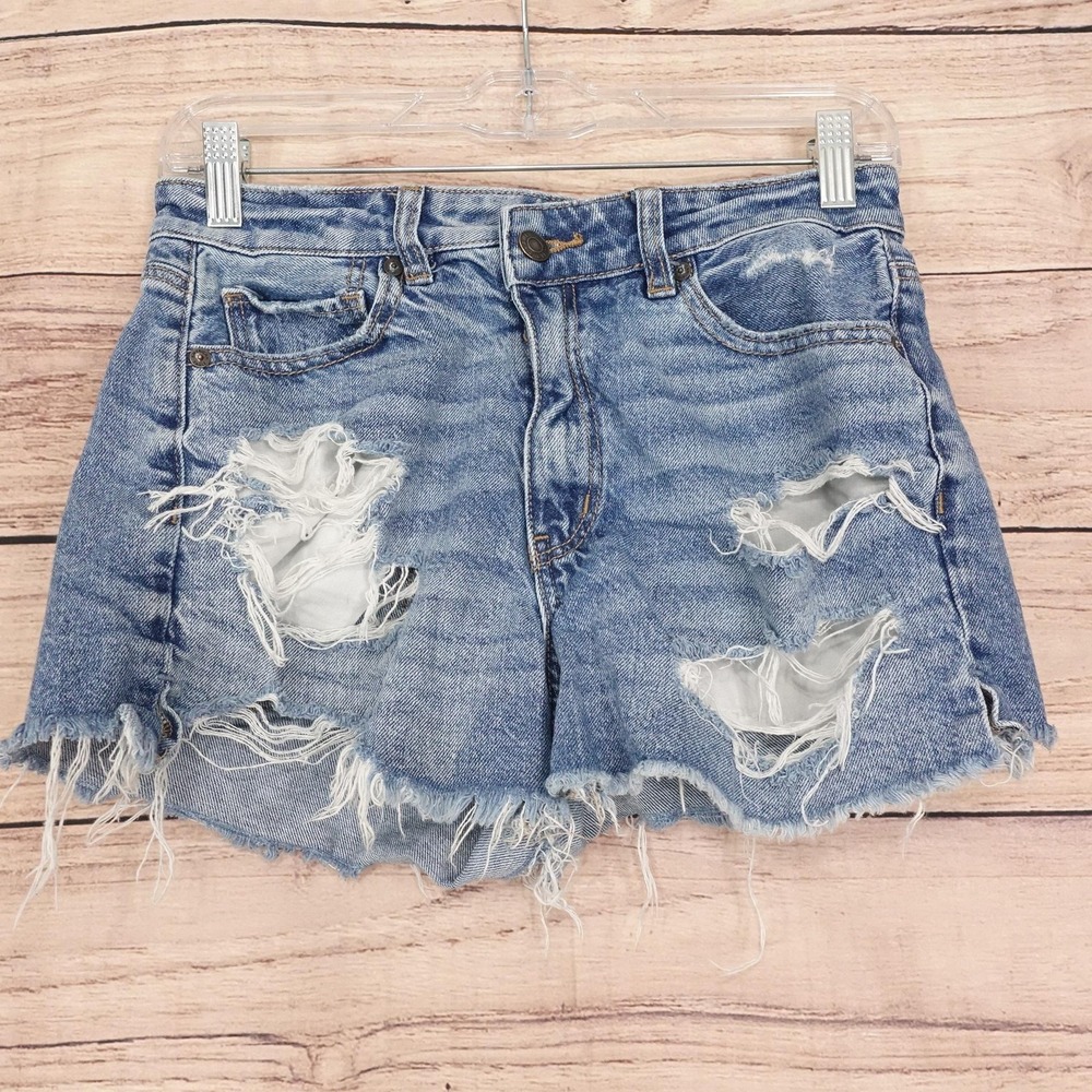 American Eagle Outfitters Mom Shorts Womens 4 Blue Distressed 27 Waist 2 Inseam